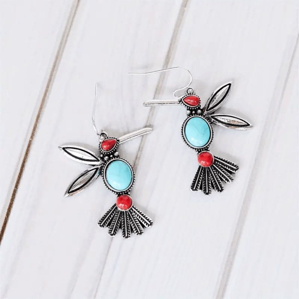 Hummingbird Red Blue Turquoise Dangle Earrings - Picture 2 of 5